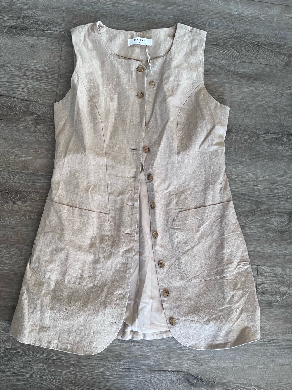 Light Beige Sleeveless Linen Button Vest Size L